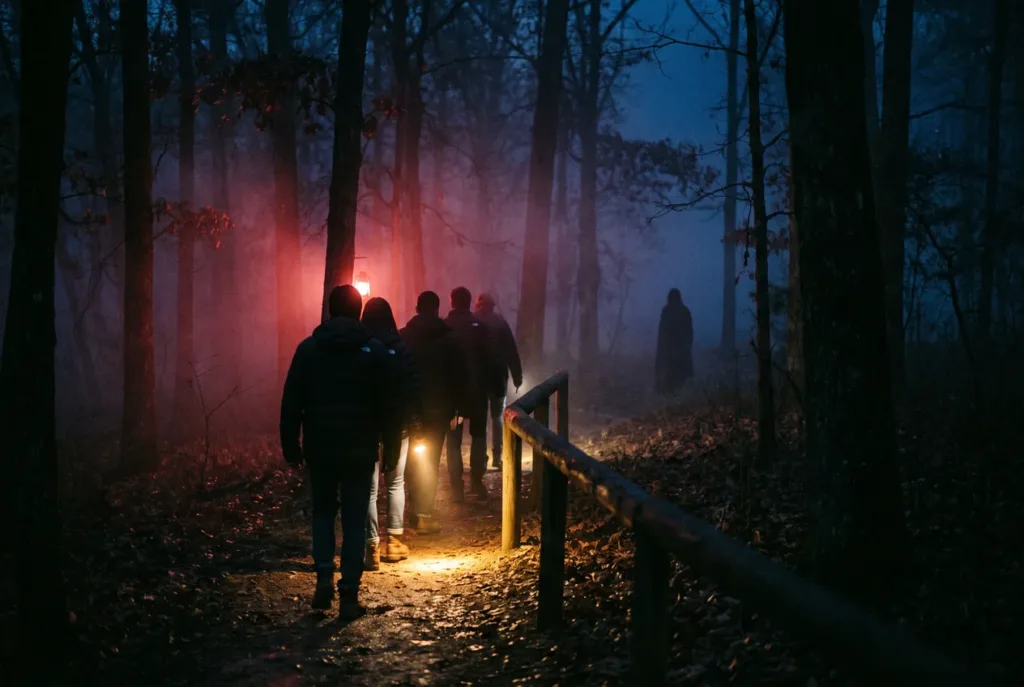 A small group of visitors with one handheld light walking a dirt trail through dark oak and pine woods at night, fog between the trees under red light