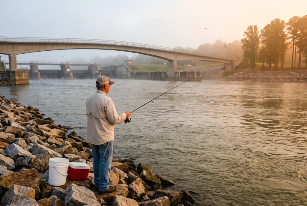 An angler on the riprap bank of the Arkansas River below Murray Lock and Dam at sunrise, rod in hand, the long pedestrian bridge arching across the river behind