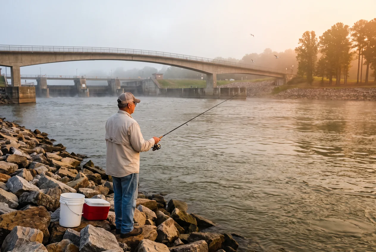 An angler on the riprap bank of the Arkansas River below Murray Lock and Dam at sunrise, rod in hand, the long pedestrian bridge arching across the river behind