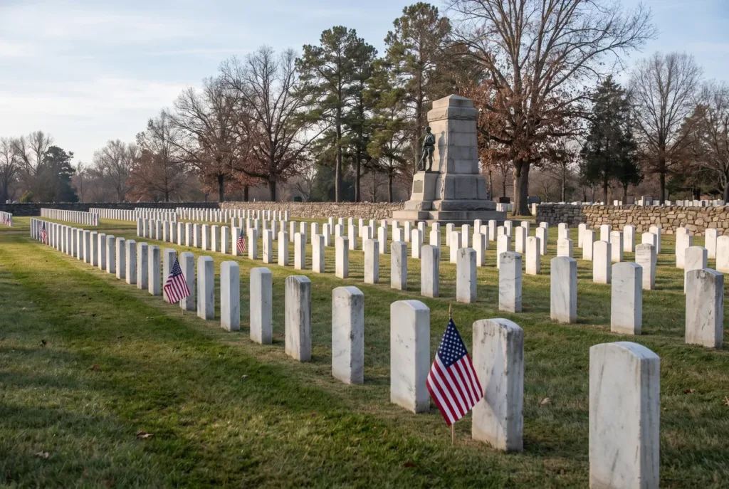 Rows of white headstones at Little Rock National Cemetery on a bright November morning, small American flags and bare trees