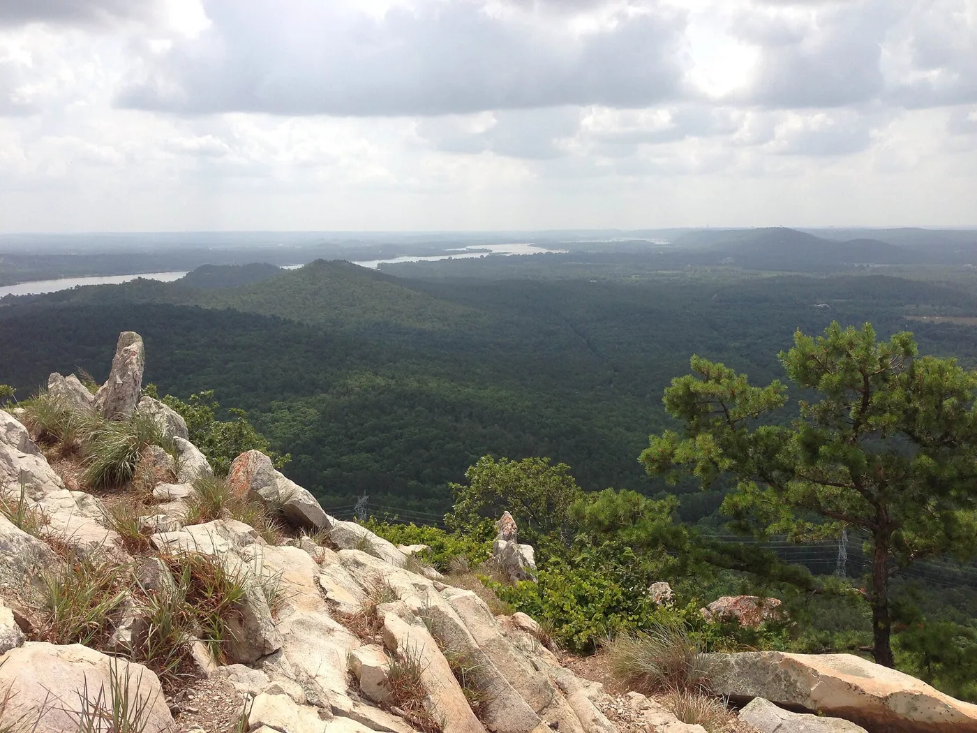 Pale boulders and a small pine tree on a summit, looking out over a wide forested valley with a river in the distance